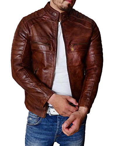 Woojo Mens Real Genuine Lambskin Leather Brown Jacket Biker Jacket WJ111 